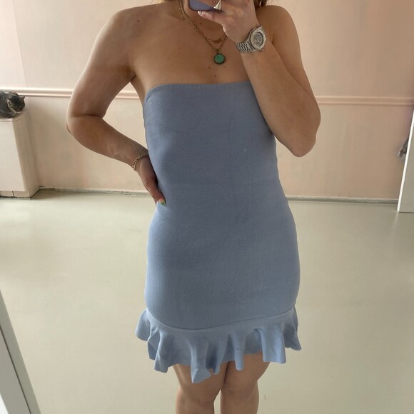 Zara Ruffled Hem Tube Mini Dress Blue Small - Picture 6 of 9